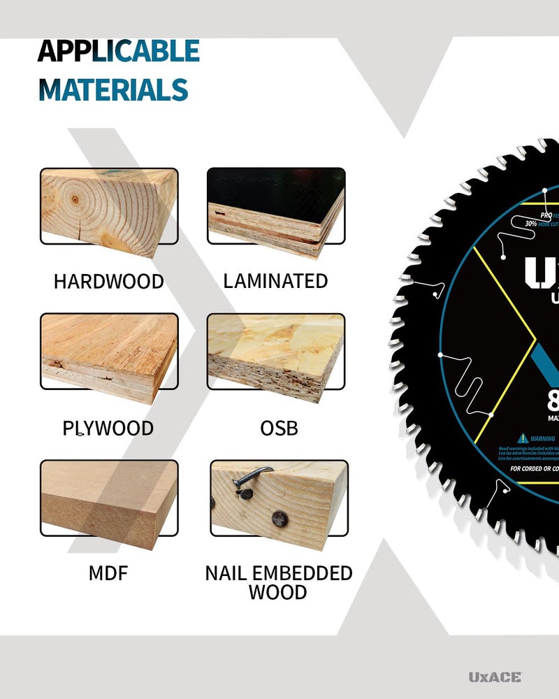 UXACE 8-1/4-Inch 60-Tooth Circular Saw Blade with 5/8-Inch Arbor, Ultra Finish Wood Cutting, Carbide Tip, Thin Kerf, for Plywood, MDF, OSB, Laminated - Image 5
